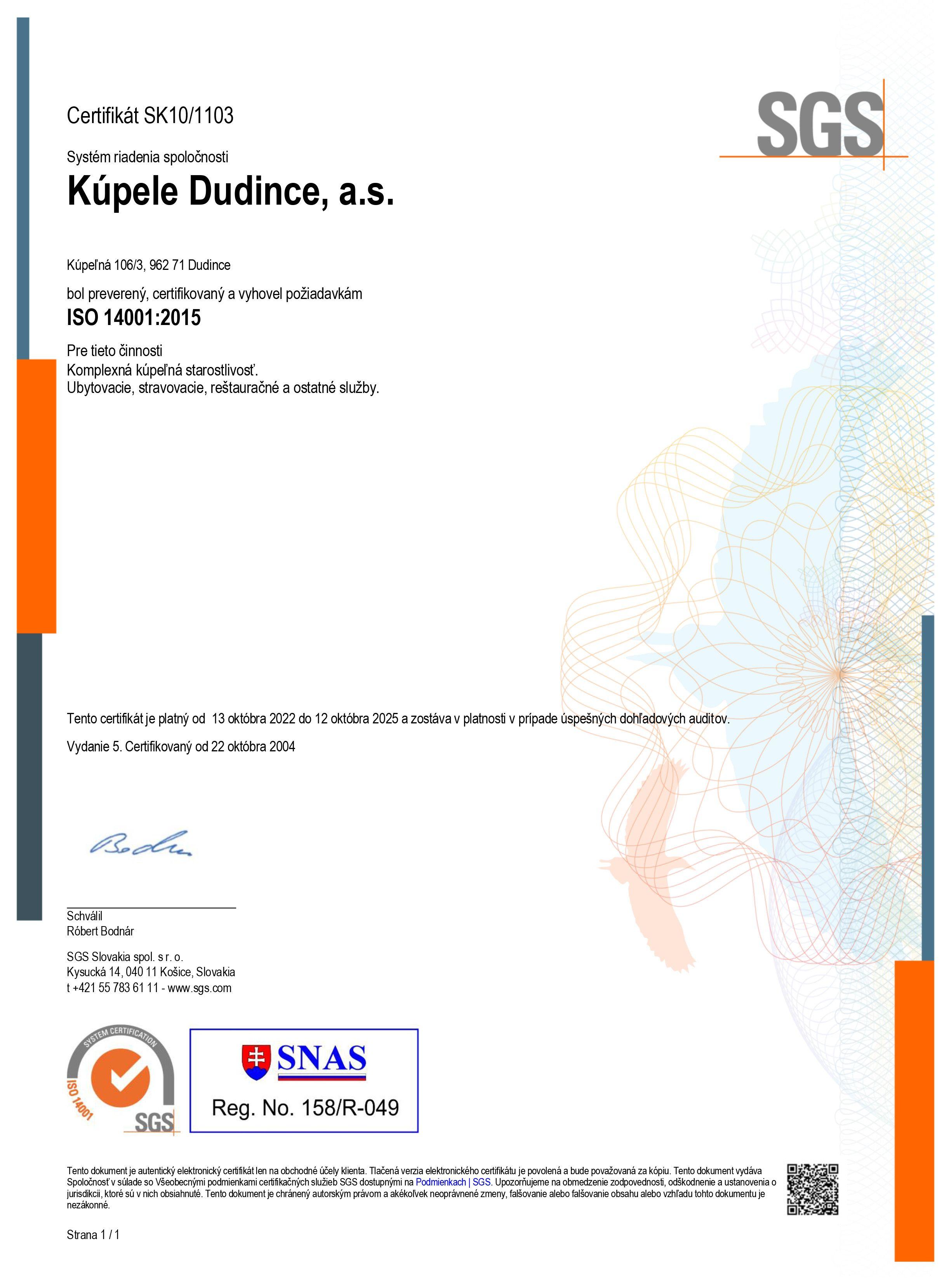 certifikát ISO 14001:2015