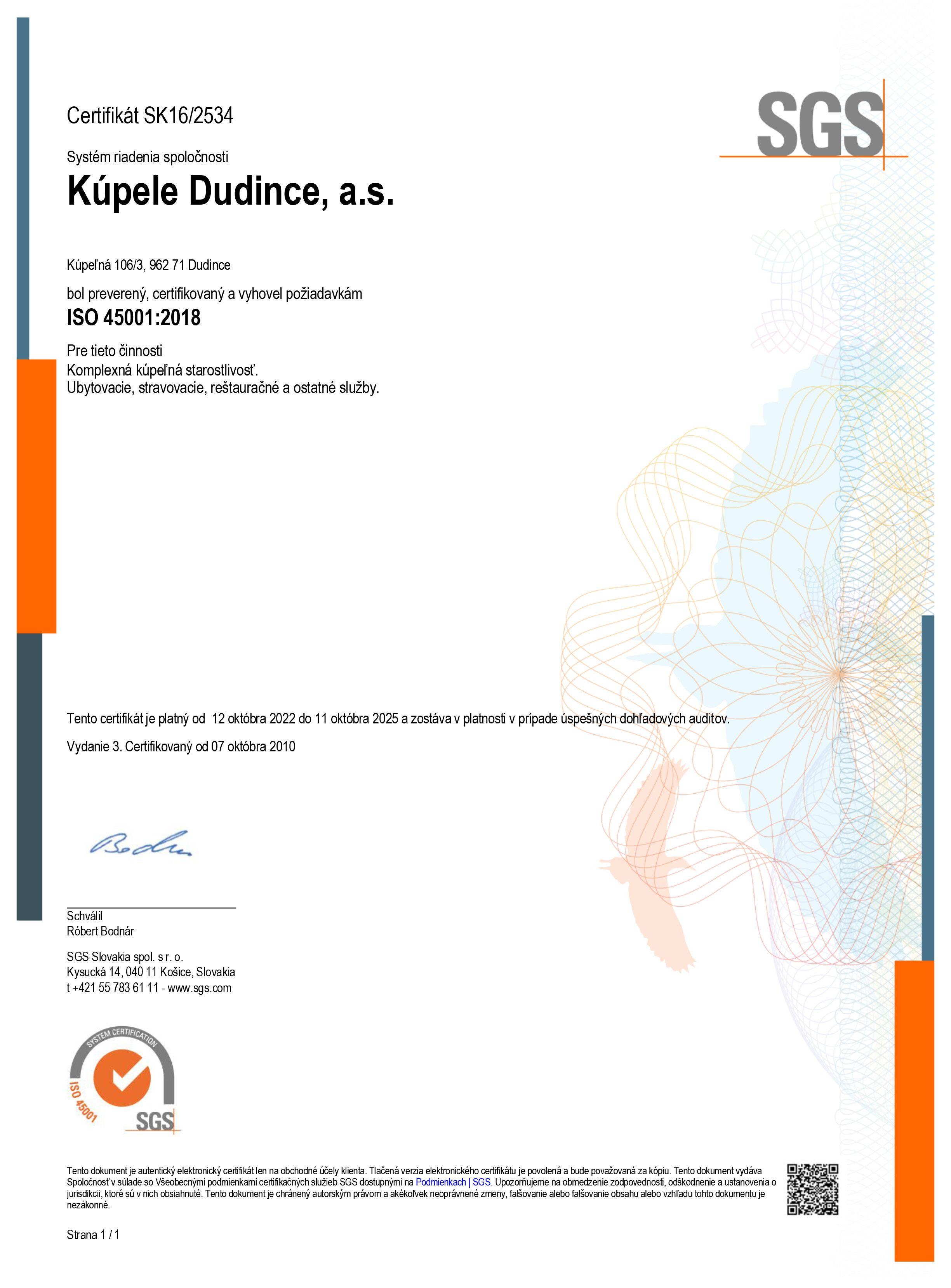 certifikát ISO 45001:2018